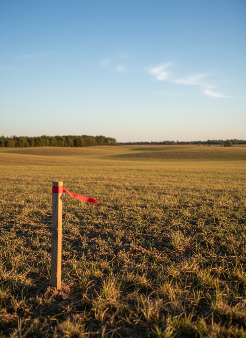 A wide, gently rolling parcel of vacant land stretches across the frame, covered in short, sunlit golden grass with patches of exposed, rich brown soil. In the distance, a subtle tree line marks the horizon under a clear blue sky with a few wispy clouds. A simple wooden stake with a bright red survey ribbon stands in the foreground, sharply in focus. Captured at eye level in photographic realism, with crisp detail and soft afternoon sunlight creating gentle shadows and a calm, professional atmosphere. The composition uses the rule of thirds to emphasize both the land’s openness and its potential for development.