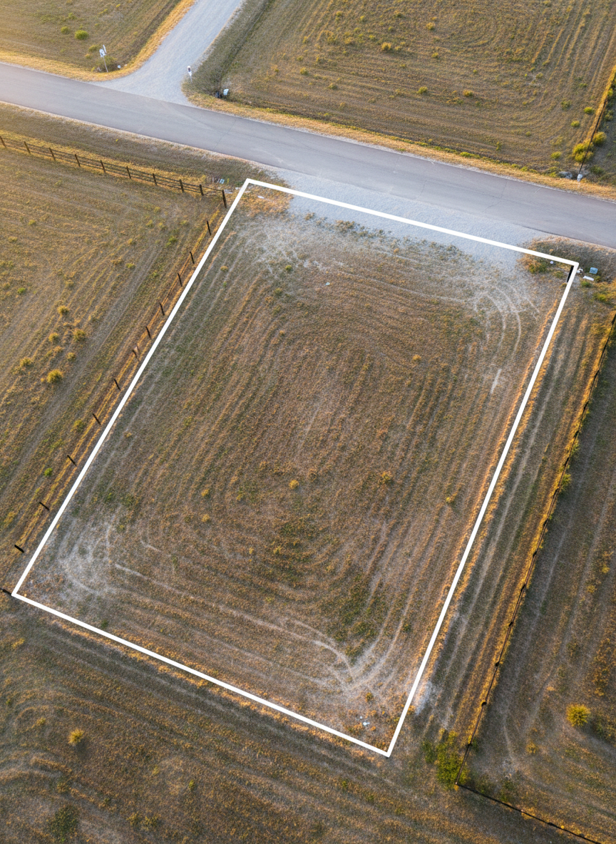 An aerial, bird’s-eye view of a large rectangular vacant lot, sharply defined by freshly painted boundary lines and neatly trimmed edges. The land surface shows a mix of light brown soil and sparse green vegetation, with a smooth gravel access road running along one side. Soft golden hour light washes across the scene, highlighting subtle contours and casting long, clean shadows from nearby fence posts. Photographic realism with high-resolution detail captures a clear, organized layout, suggesting an easy transaction and transparent property boundaries. The composition is centered but slightly angled to show depth and structure, creating a confident, trustworthy mood.