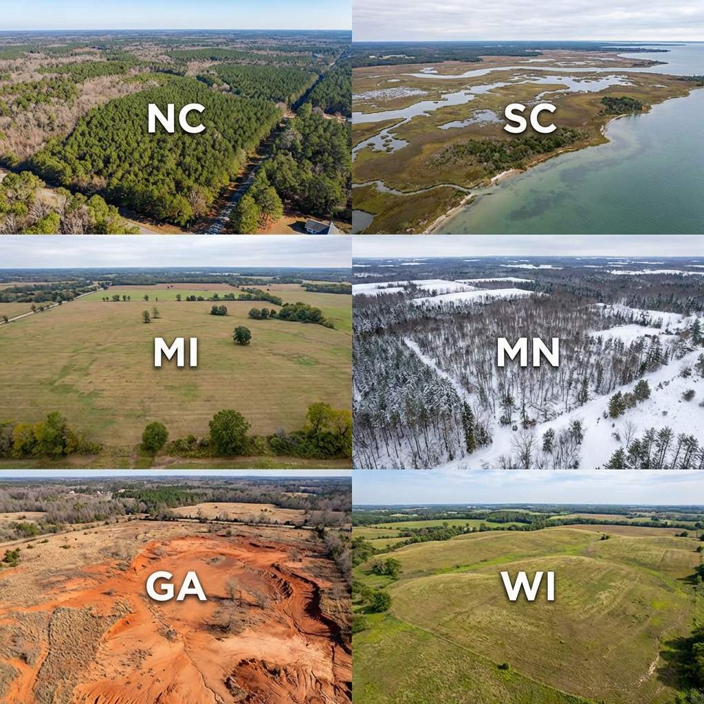 A six-panel collage of aerial landscapes labeled NC, SC, MI, MN, GA, and WI.